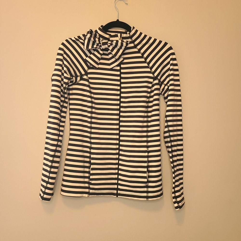 Kate Spade x Beyond Yoga Black White Striped Zip Up Jacket Bow Neck Athleisure S